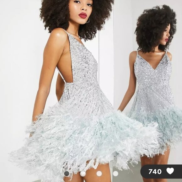 NWT ASOS Size 4 US Sequin Cami Mini Dress with Faux Feather Hem in Ice Blue - Picture 4 of 15